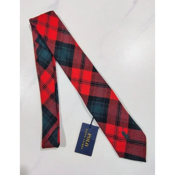 Polo Ralph Lauren Tie Tartan  100% Wool Mens  Hand Made In Italy Red Green NWT - Picture 4 of 8